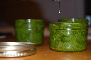 Pots de pesto au basilic avec un filet d'huile qui coule dessus.