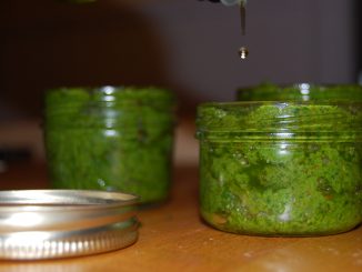 Pots de pesto au basilic avec un filet d'huile qui coule dessus.